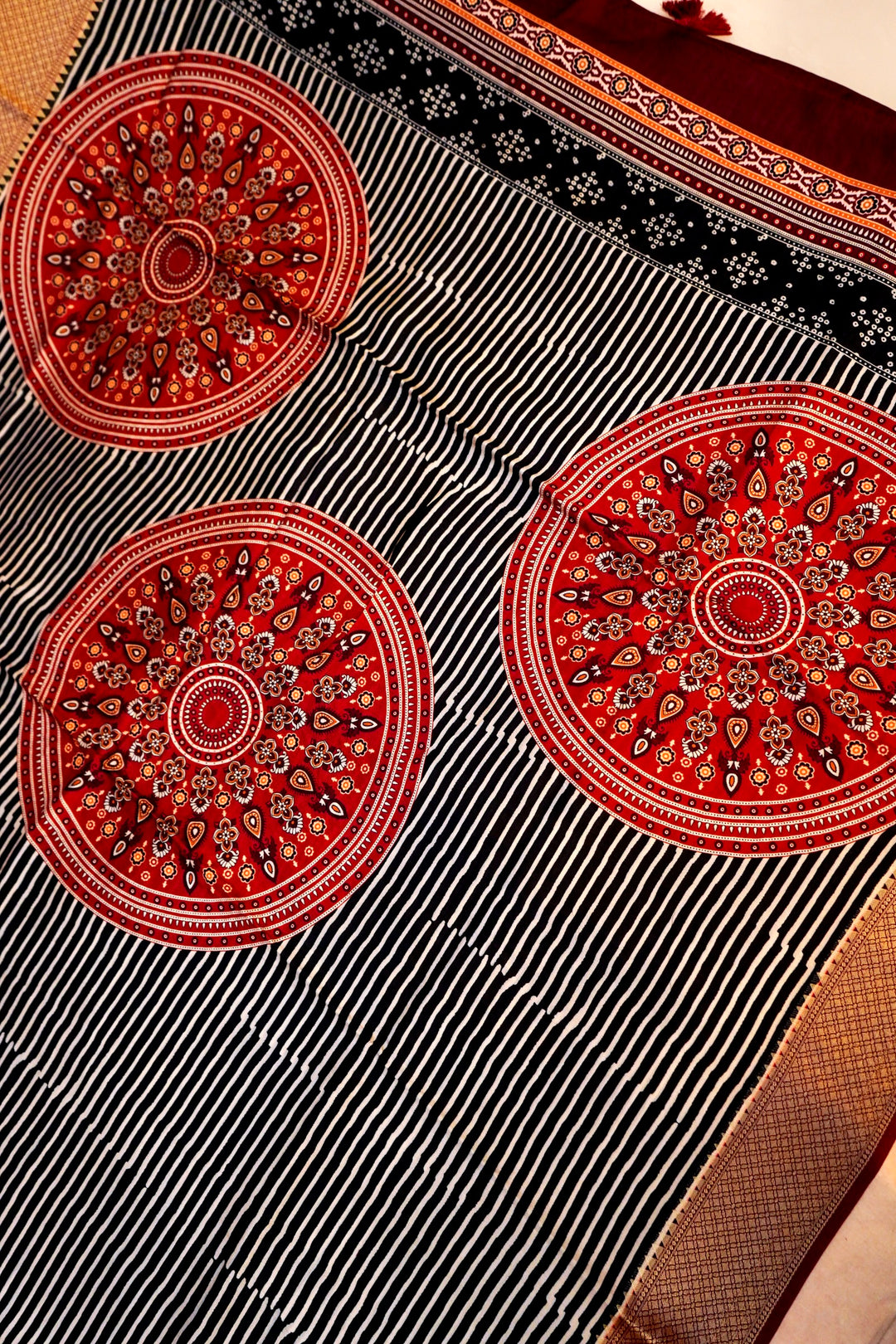 Noir Aura Black Banarasi Crepe Silk Ajrak Print Saree