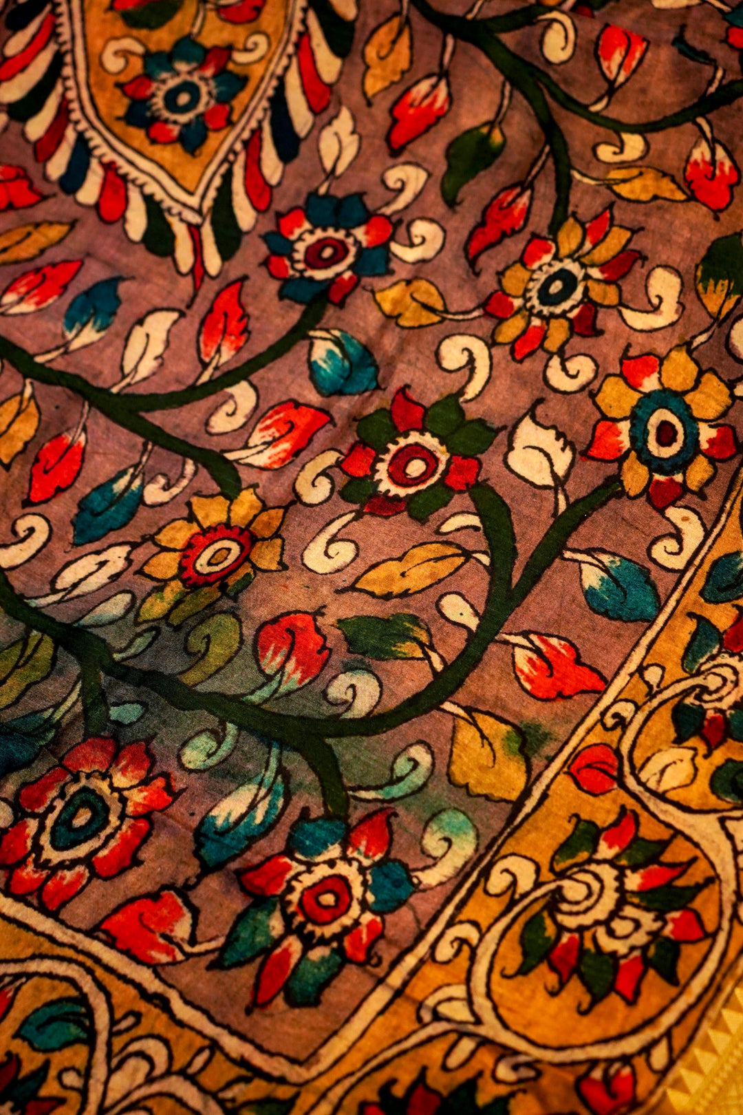 Radiant Mustard Kalamkari and Bandhej Printed Silk Saree