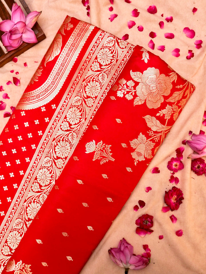 Crimson Red Banarasi Pure Satin Silk Saree with Heavy Zari Work