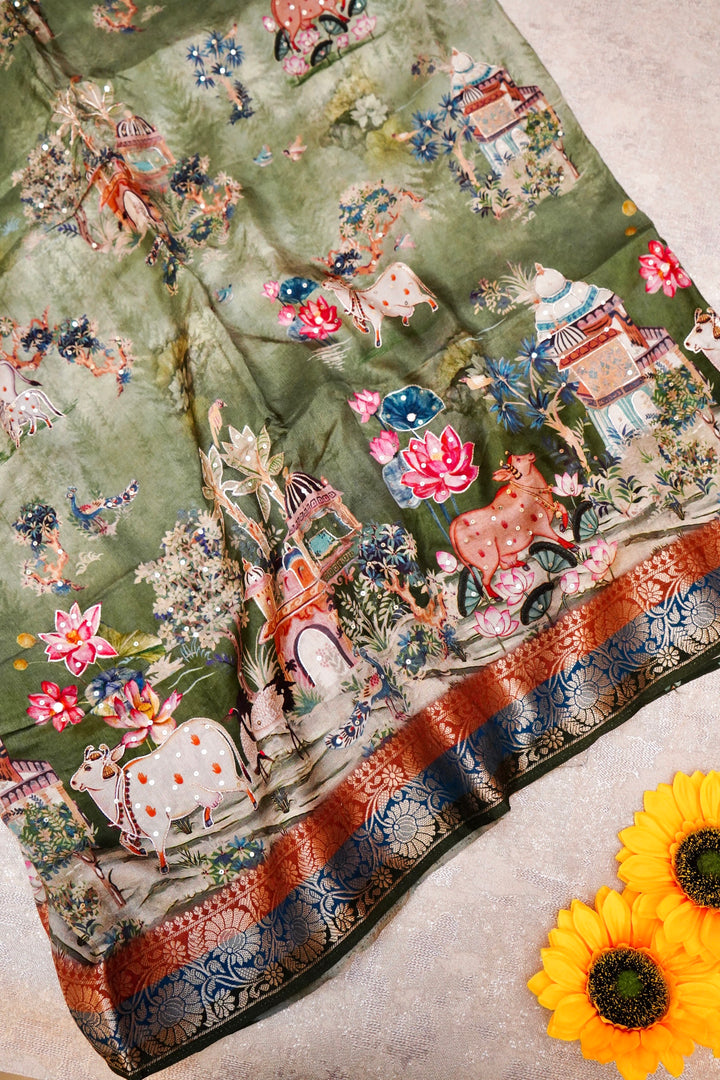 Delicate Pista Green Crepe Silk Saree with Handcrafted Look Figure Motifs