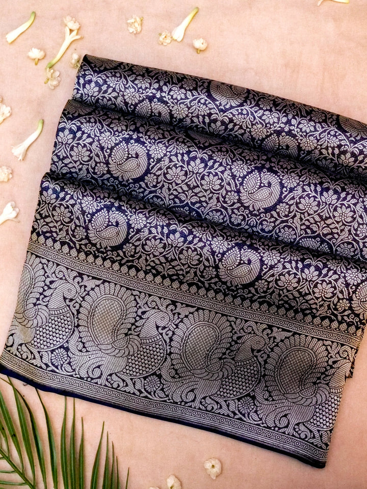 Banarasi Navy Blue Crepe Silk Saree with Zari Weave Bird Motif