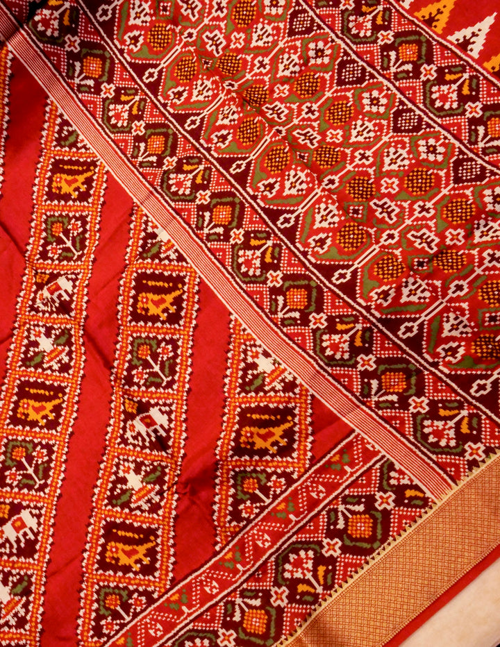 Red Crepe Silk Saree with Multicolor Print, Zari Border & Pallu