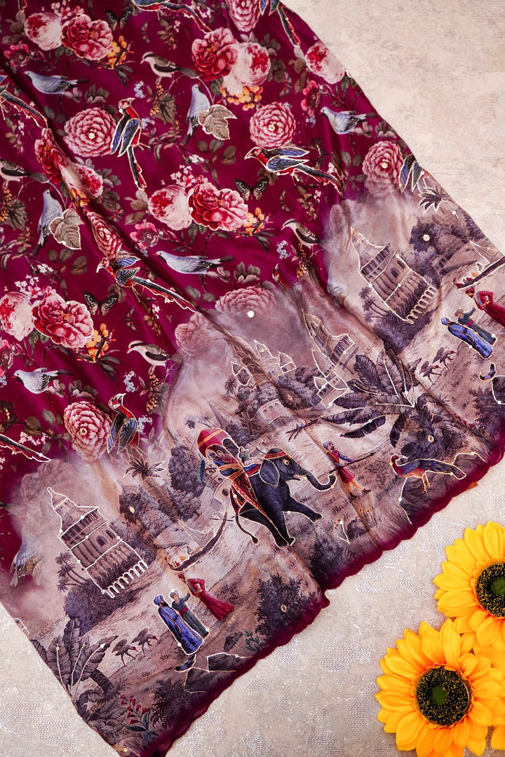 Vibrant Red Printed Crepe Silk Saree Featuring Abstract Figure Design