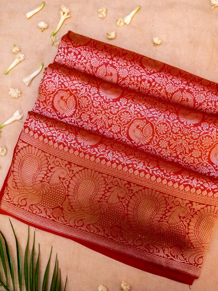 Banarasi Bridal Red Crepe Silk Saree with Zari Weave Bird Motif