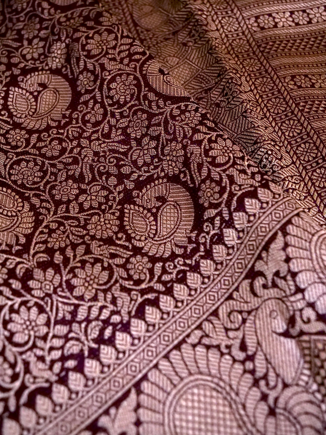 Banarasi Dark Purple Crepe Silk Saree with Zari Weave Bird Motif