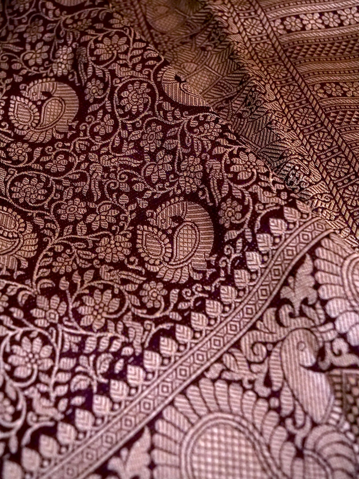 Banarasi Dark Purple Crepe Silk Saree with Zari Weave Bird Motif