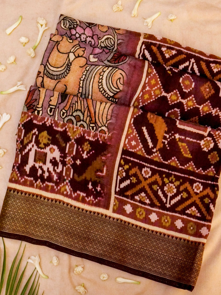 Mauve Crepe Silk Saree with Animal Motif & Floral Print, Zari Border and Pallu