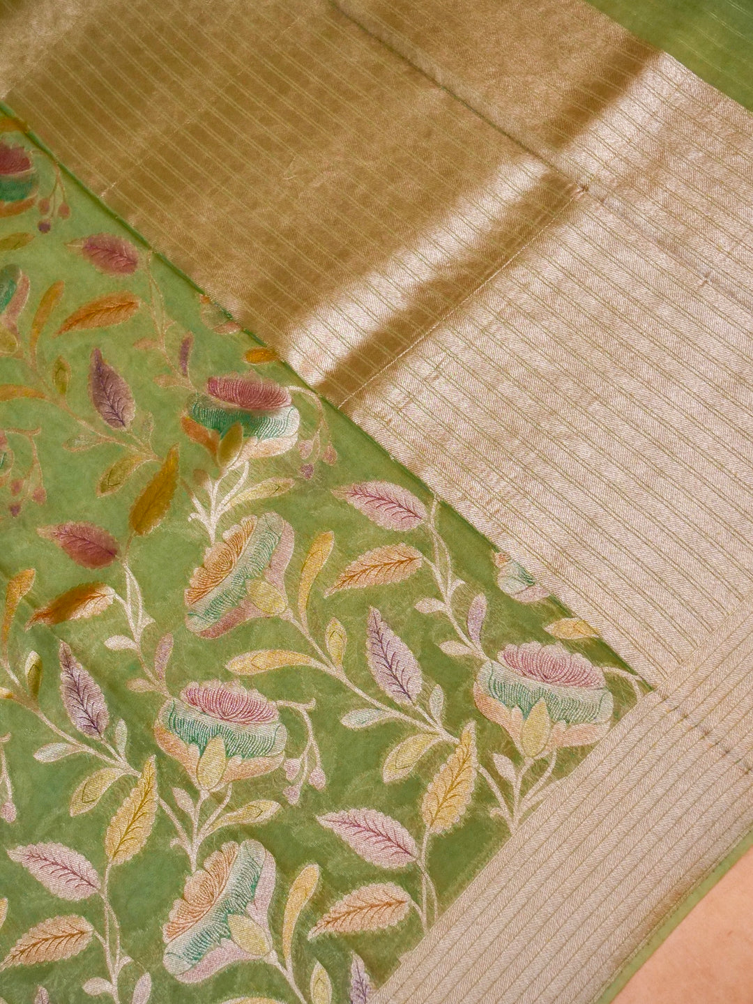 Banarasi Light Green Khaddi Georgette Saree with Handbrush Meena