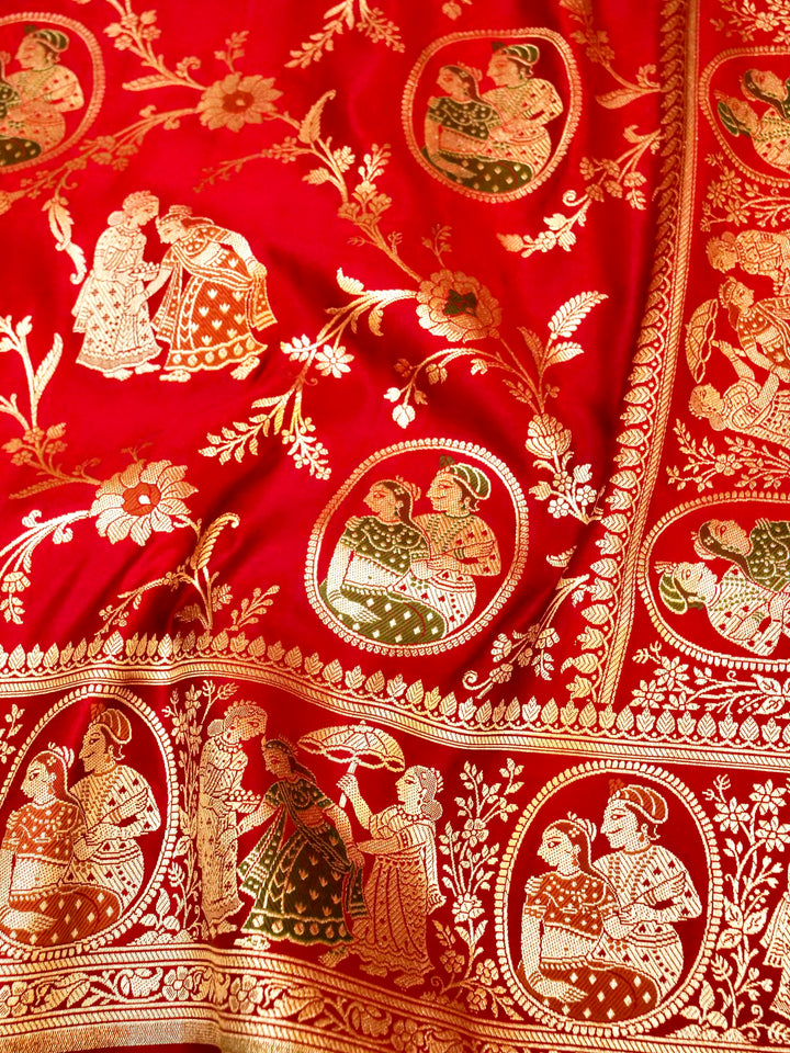 Scarlet Red Banarasi Pure Satin Silk Saree with Heavy Zari Work