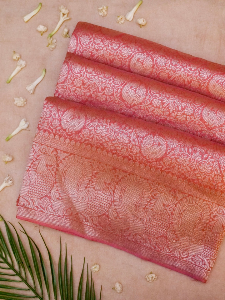 Banarasi Peach Crepe Silk Saree with Zari Weave Bird Motif