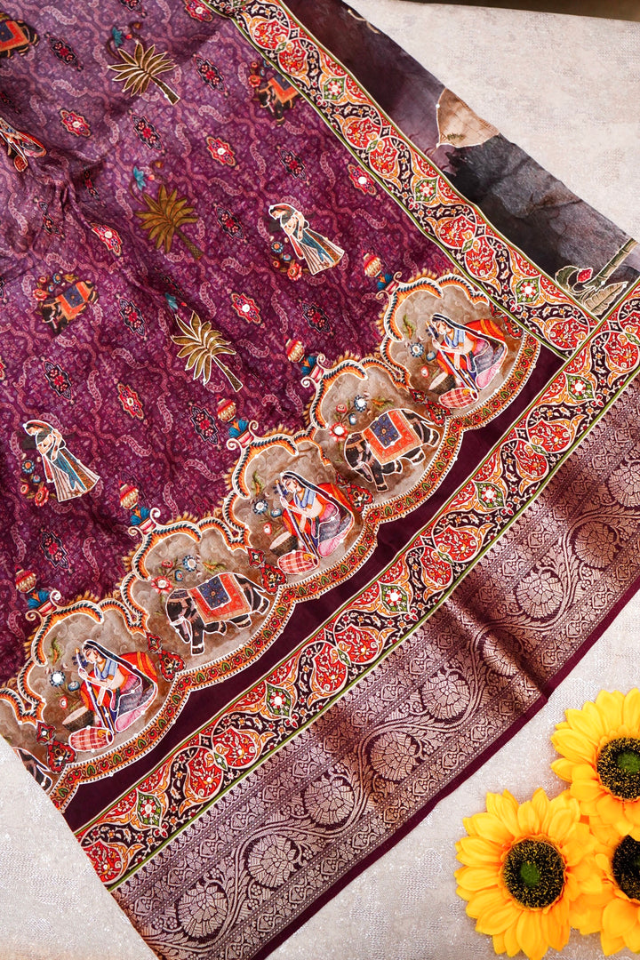 Magenta Crepe Silk Saree with Modern Figure Prints – Lightweight Ethnic Wear for Women