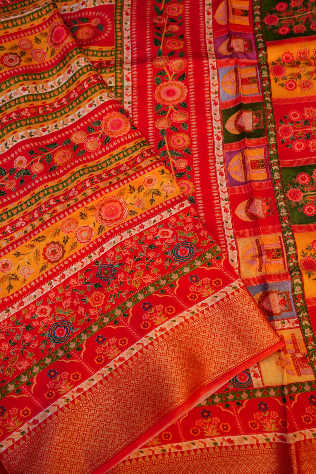 Red Crepe Silk Saree with Multicolor Print, Zari Weave Border and Pallu