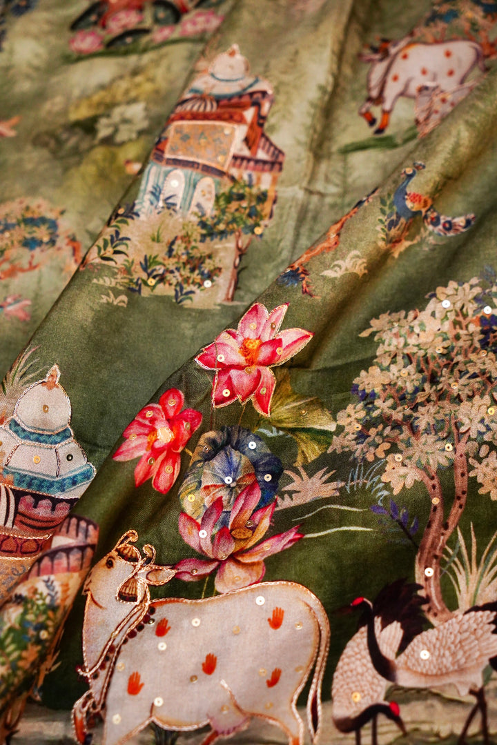 Delicate Pista Green Crepe Silk Saree with Handcrafted Look Figure Motifs