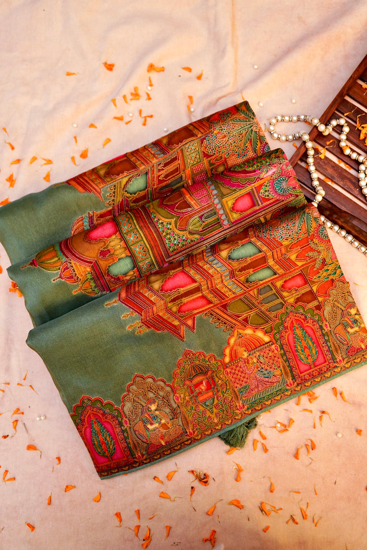 Meadow Mist Sage Green Crepe Silk Saree with Resham Woven Meenakari Pallu and Border