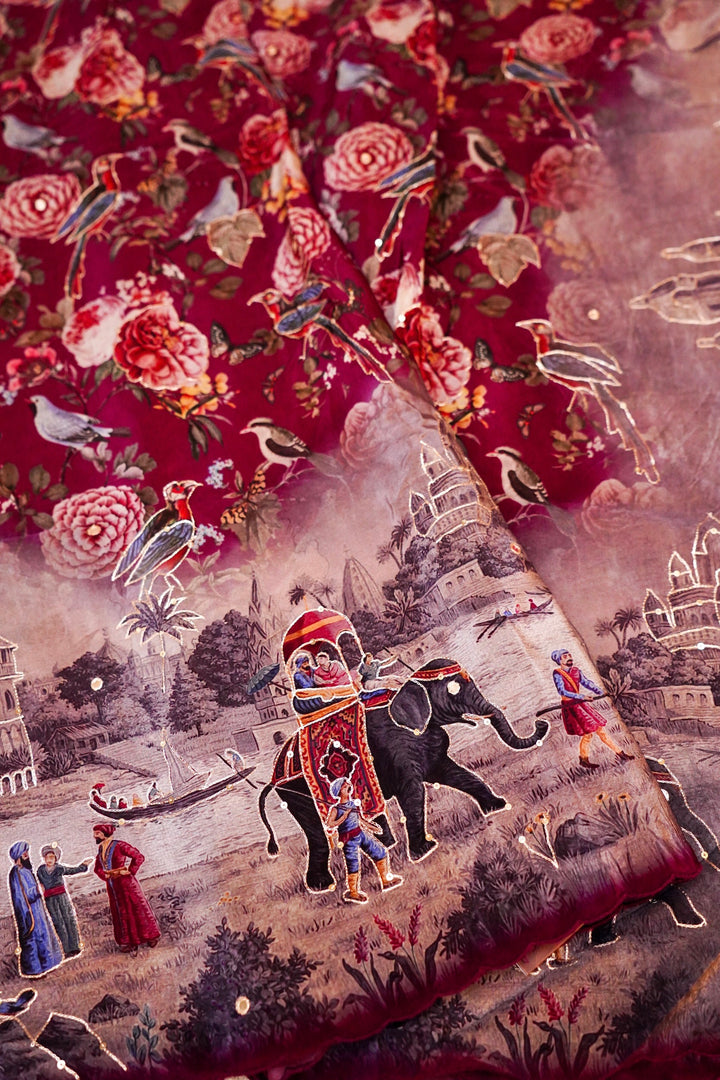 Vibrant Red Printed Crepe Silk Saree Featuring Abstract Figure Design