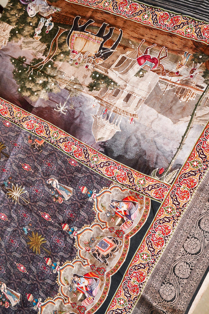 Striking Black Crepe Silk Saree with Handcrafted Style Figure Motifs