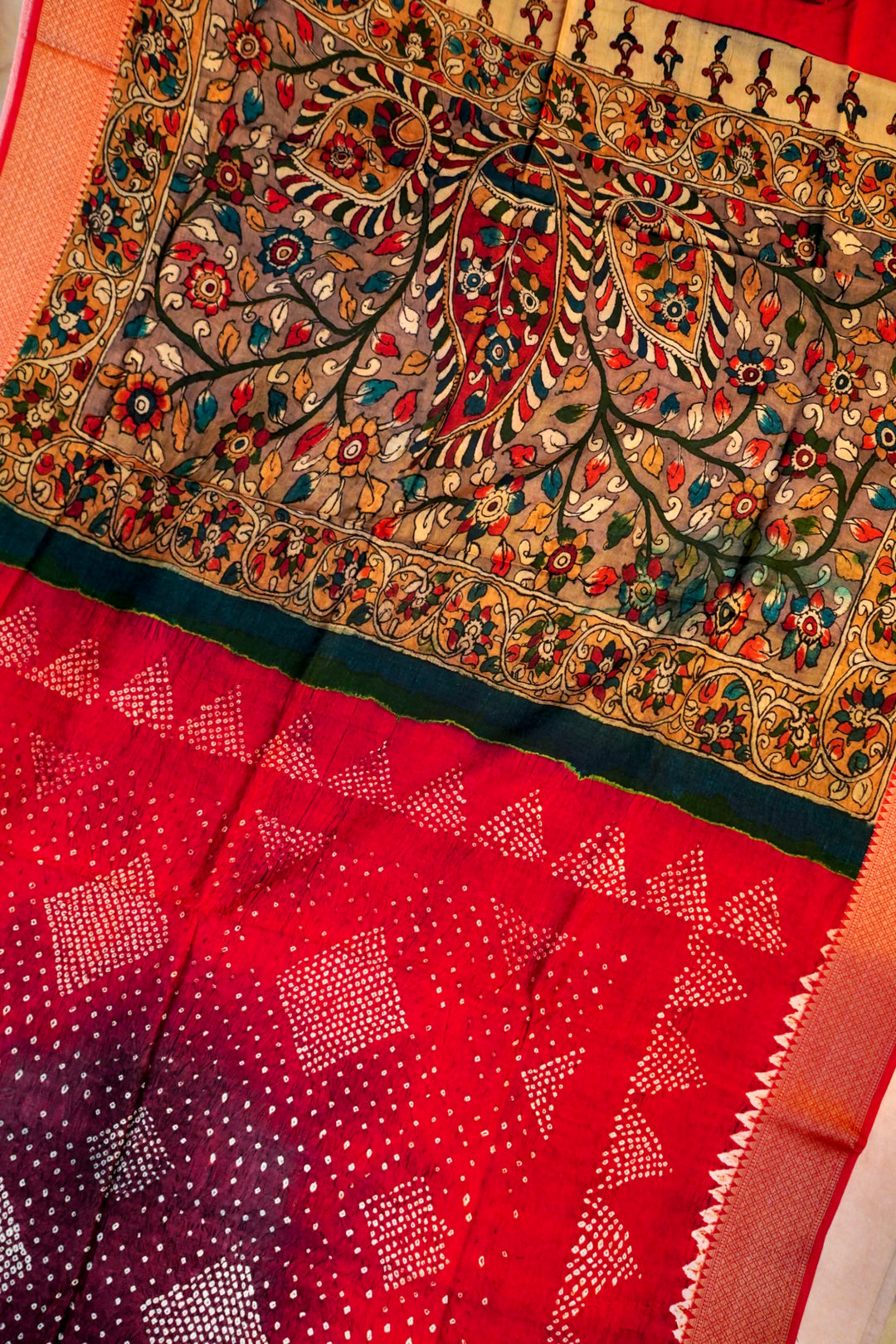 Elegant Kalamkari and Bandhej Printed Silk Saree