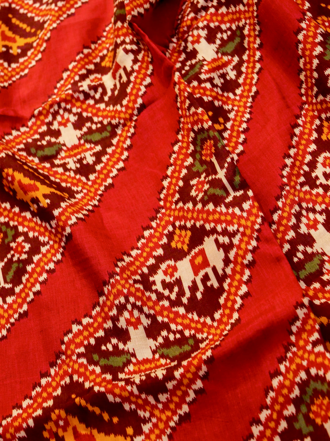 Red Crepe Silk Saree with Multicolor Print, Zari Border & Pallu