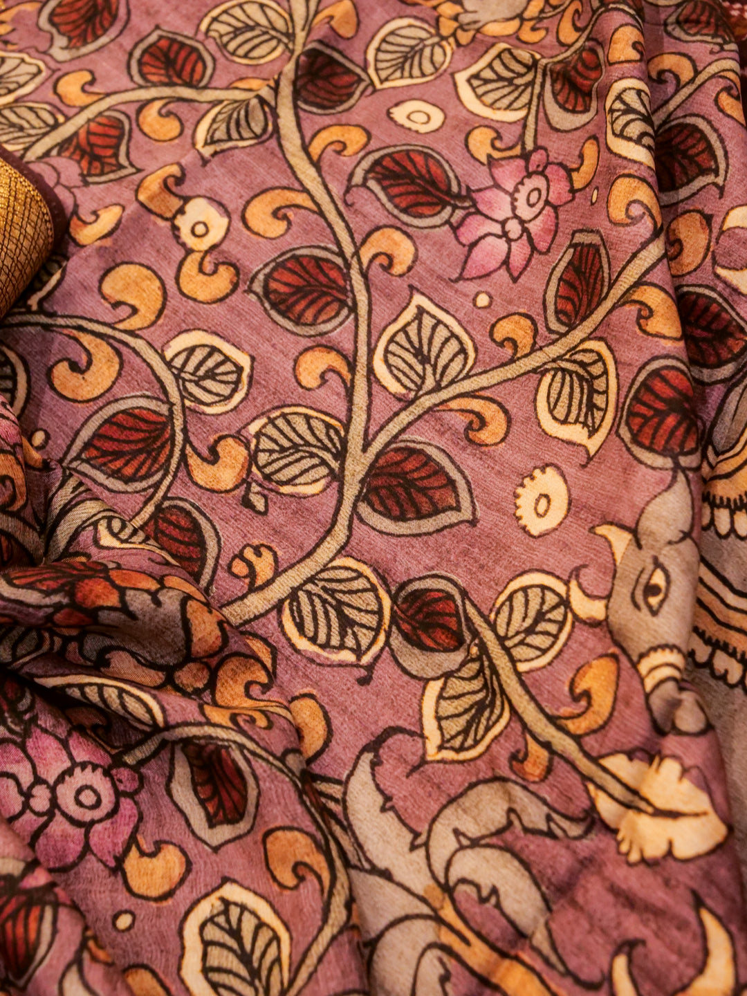 Mauve Crepe Silk Saree with Animal Motif & Floral Print, Zari Border and Pallu
