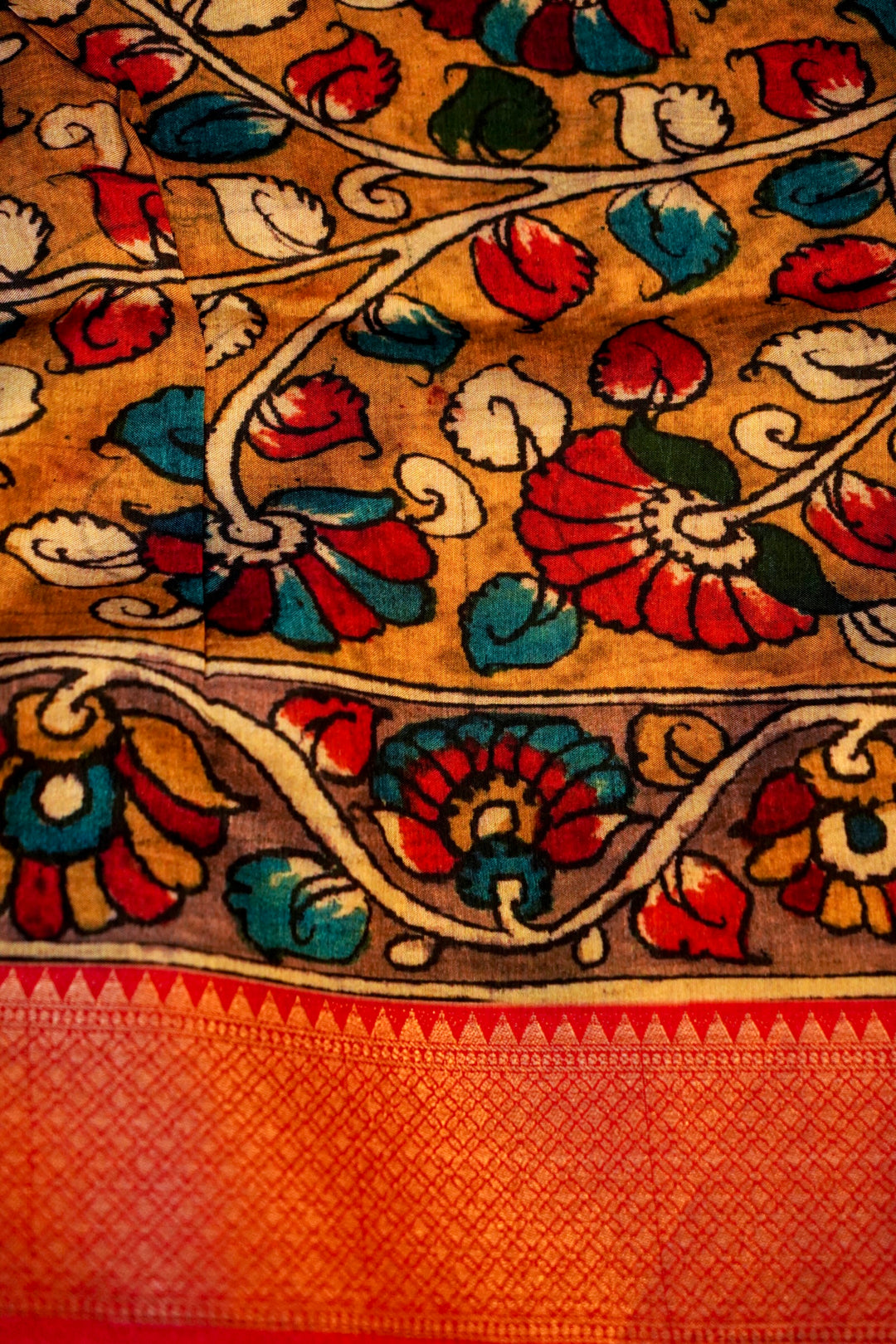 Elegant Kalamkari and Bandhej Printed Silk Saree