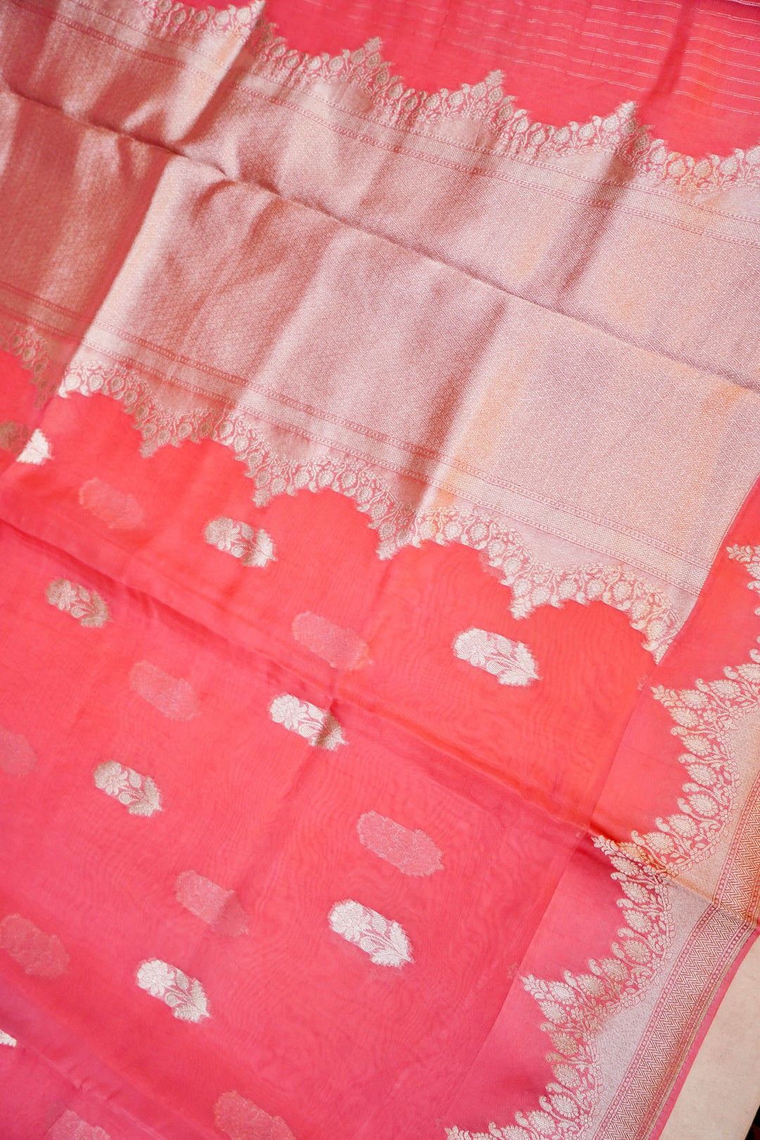 Peach Banarasi Kora Silk Saree with Zari Woven Laheriya Border