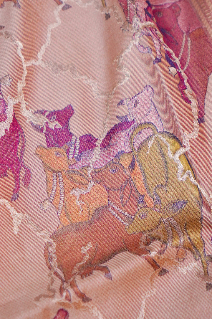 Graceful Handwoven Peach Tanchoi Banarasi Saree in Pure Katan Silk – Adorned with Figure Motifs