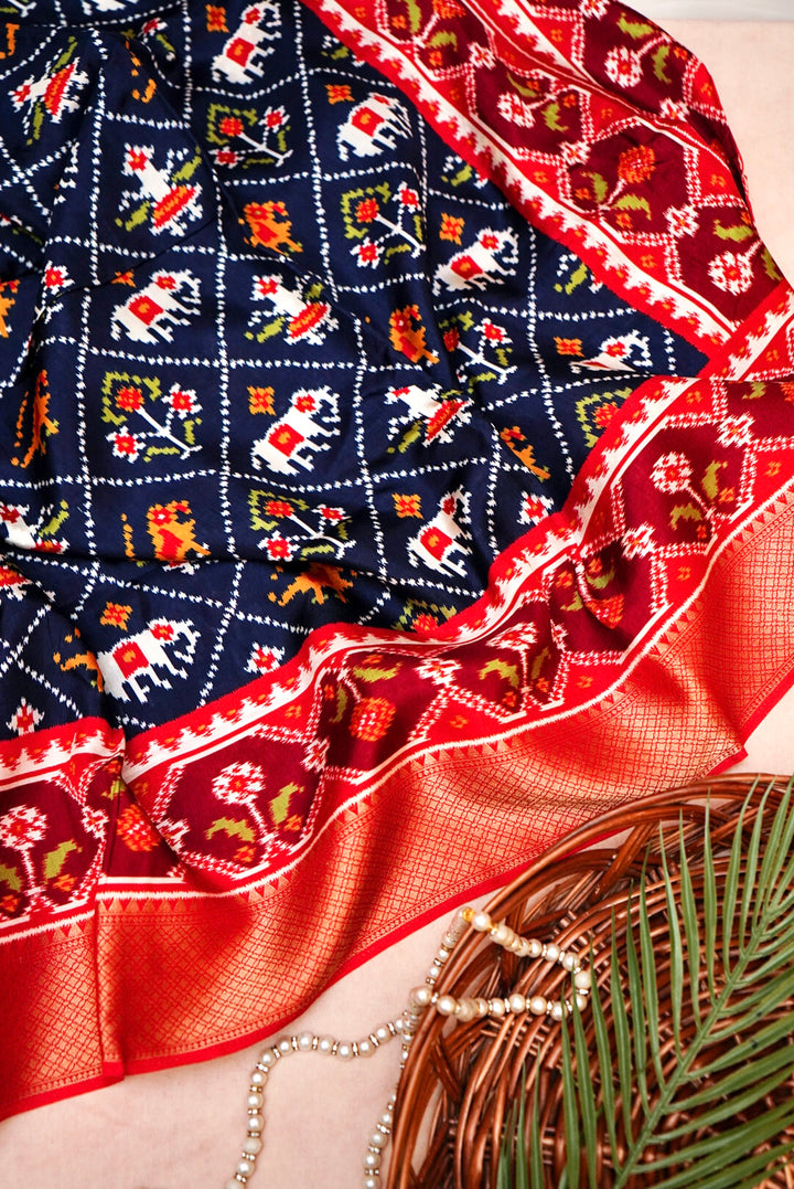 Navy Blue Patola Silk Saree with Zari Weave Contrast Border
