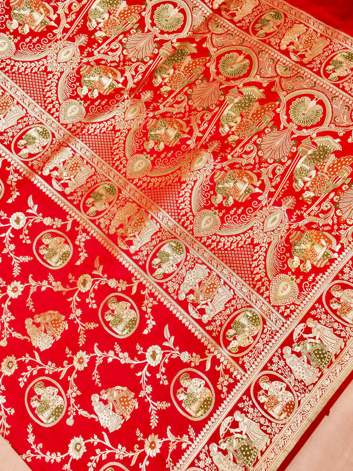 Scarlet Red Banarasi Pure Satin Silk Saree with Heavy Zari Work