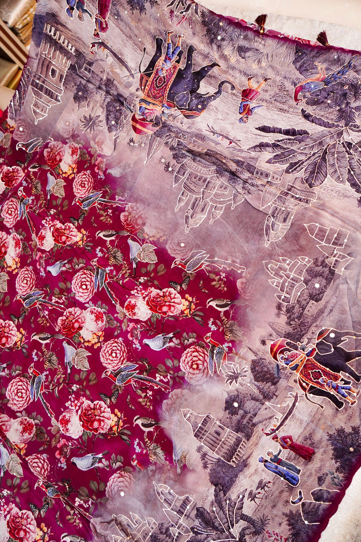 Vibrant Red Printed Crepe Silk Saree Featuring Abstract Figure Design