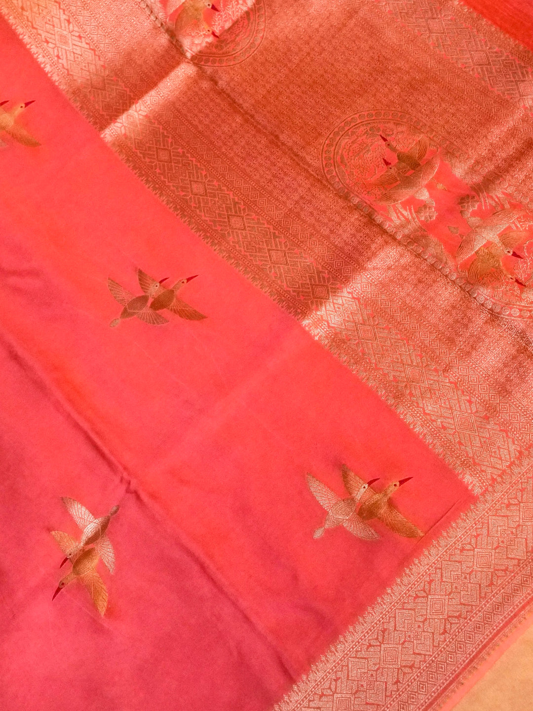 Banarasi Peach Mashru Silk Saree with Zari Weave Bird Motif