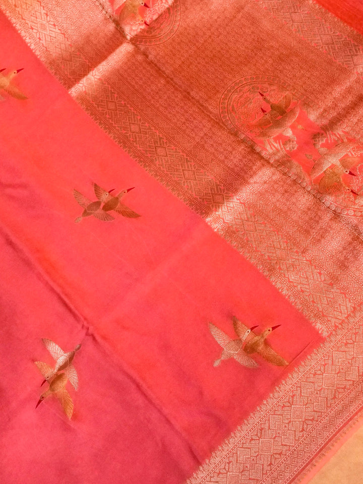 Banarasi Peach Mashru Silk Saree with Zari Weave Bird Motif