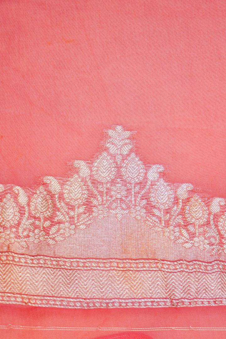 Peach Banarasi Kora Silk Saree with Zari Woven Laheriya Border