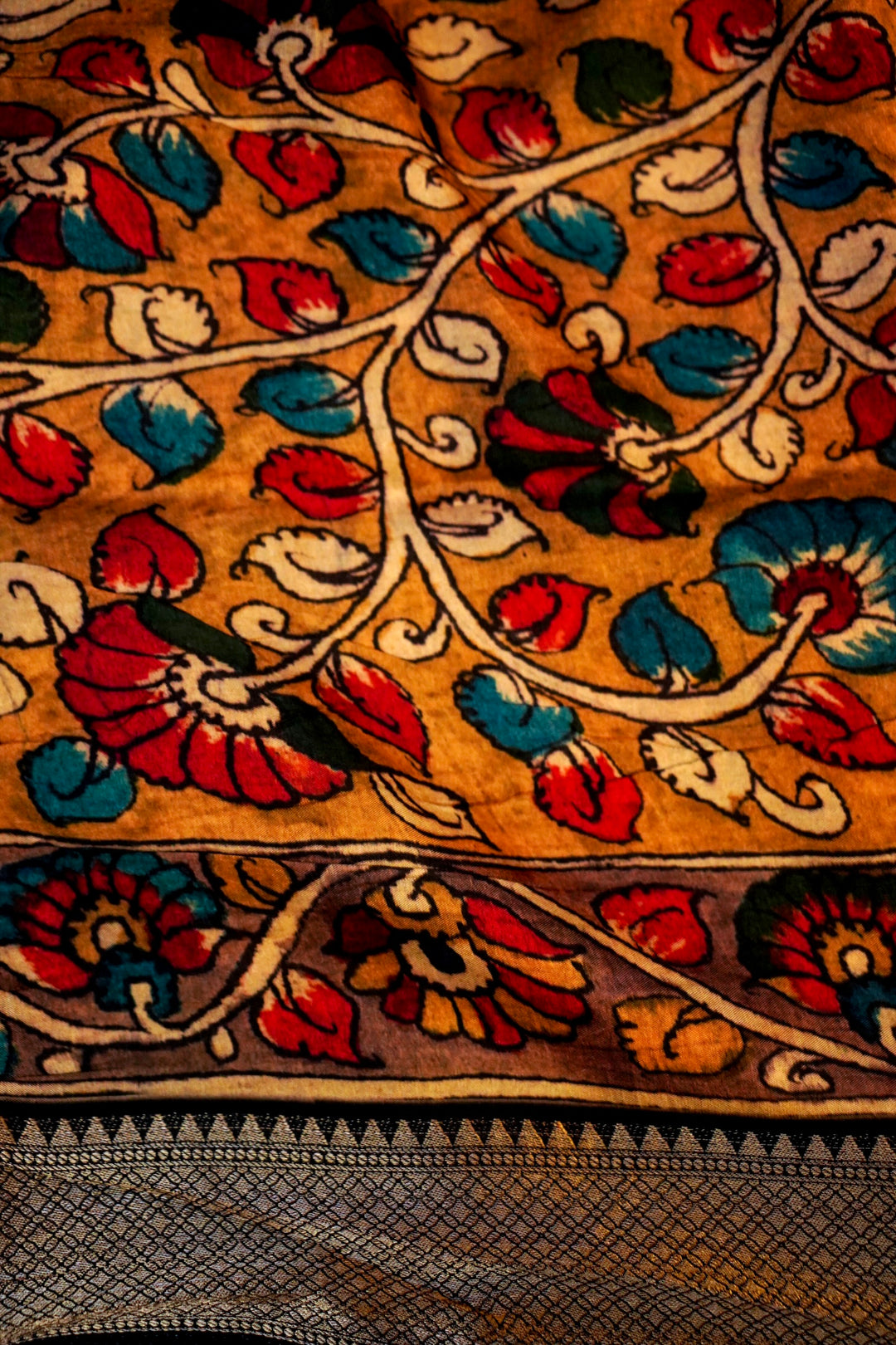 Classic Black Kalamkari and Bandhej Printed Silk Saree