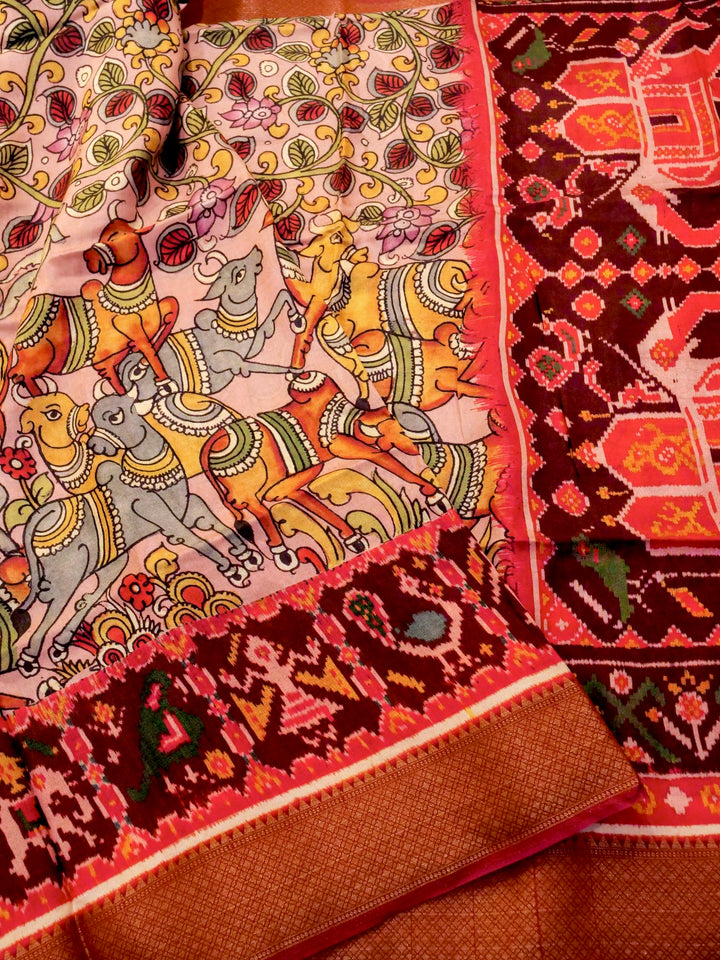 Pink Crepe Silk Saree with Animal Motif and Floral Print, Zari Border & Pallu