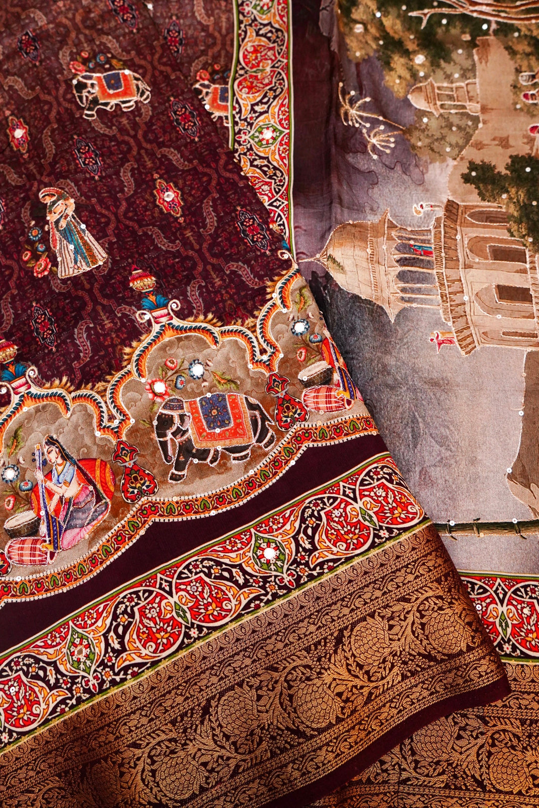 Stylish Coffee Brown Printed Crepe Silk Saree with Abstract Figure Motif – Luxe Ethnic Drape for Women