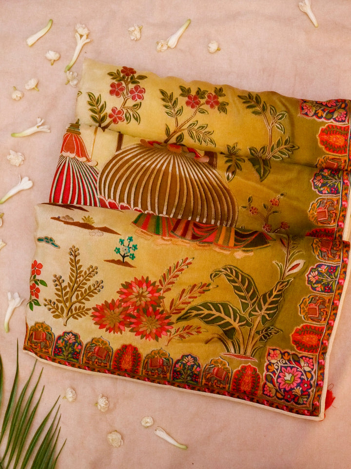 Whispers of Nature Beige Crepe Silk Saree with Bird and Figure Motifs