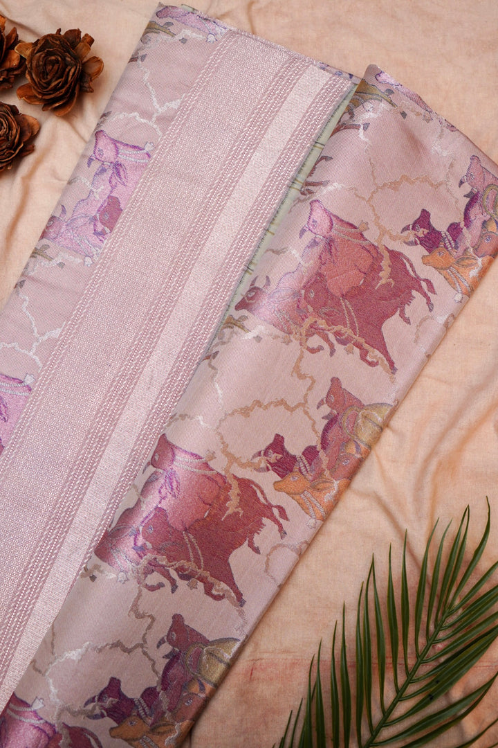 Graceful Handwoven Peach Tanchoi Banarasi Saree in Pure Katan Silk – Adorned with Figure Motifs