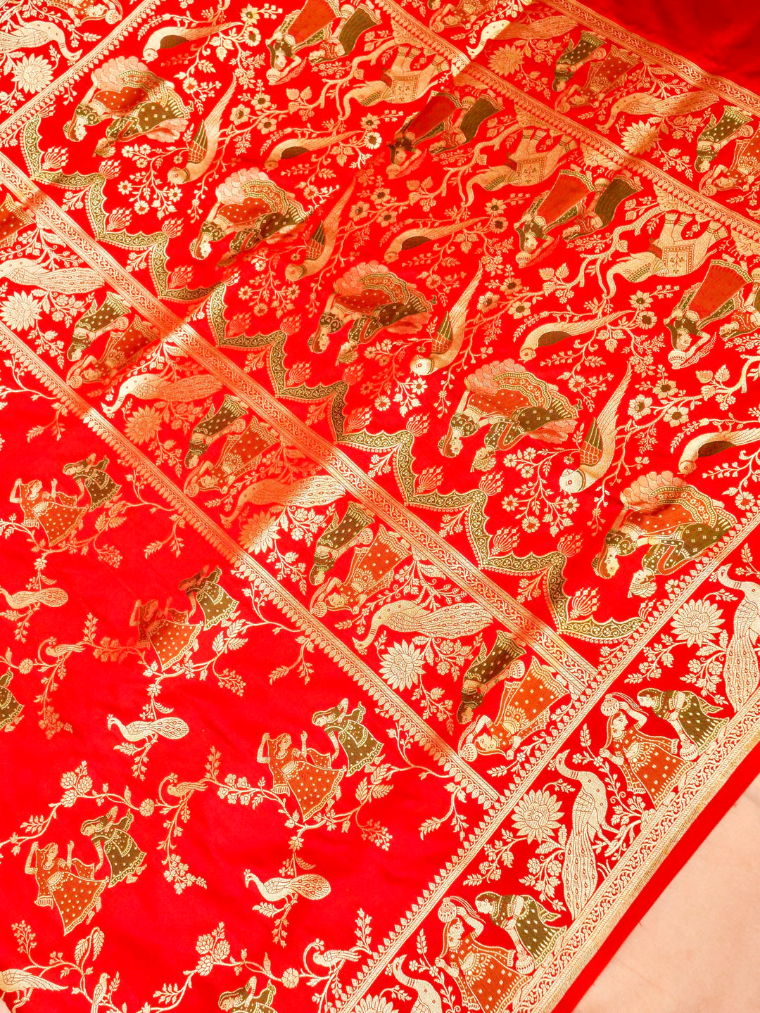 Vermilion Red Banarasi Pure Satin Silk Saree with Heavy Zari Work