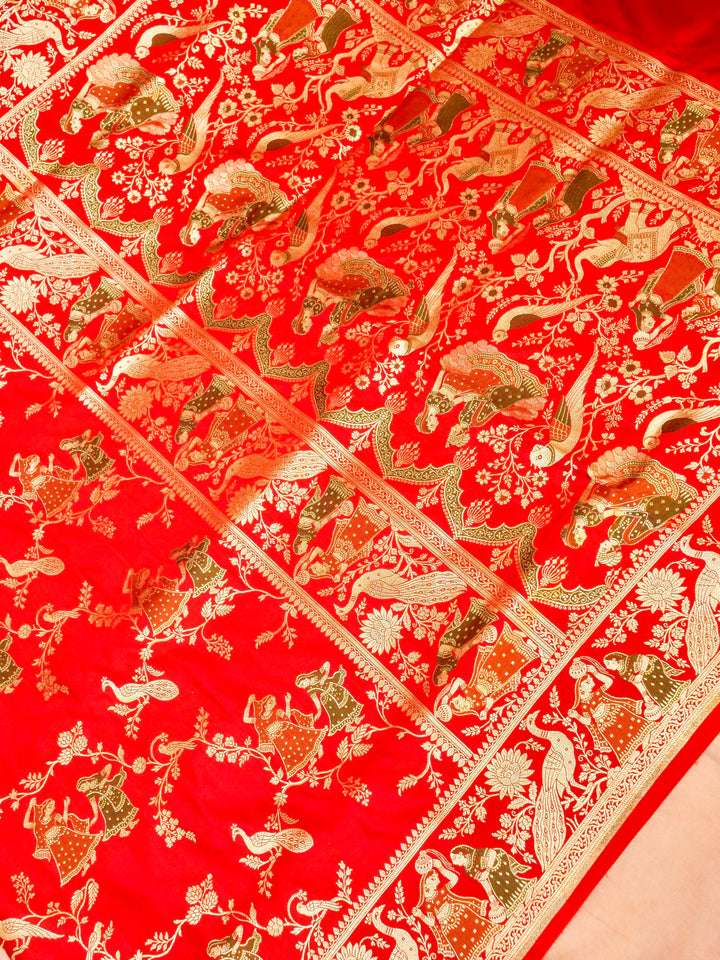 Vermilion Red Banarasi Pure Satin Silk Saree with Heavy Zari Work