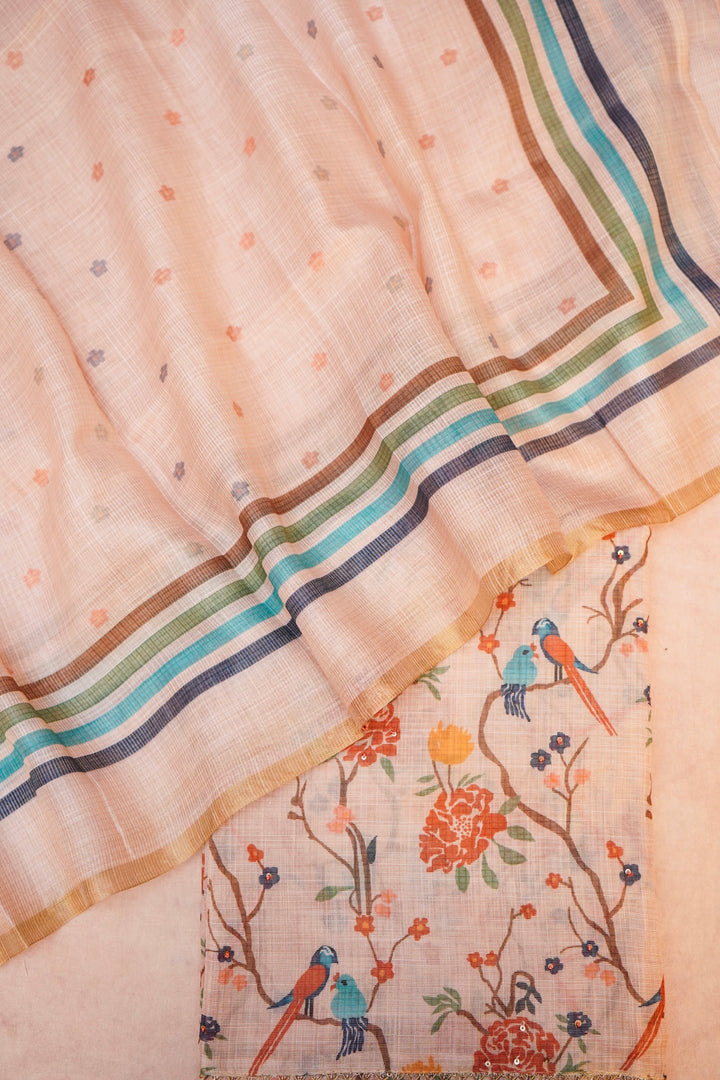 Pastel Peach Chanderi Tissue Silk Suit Set with French Knot Embroidery