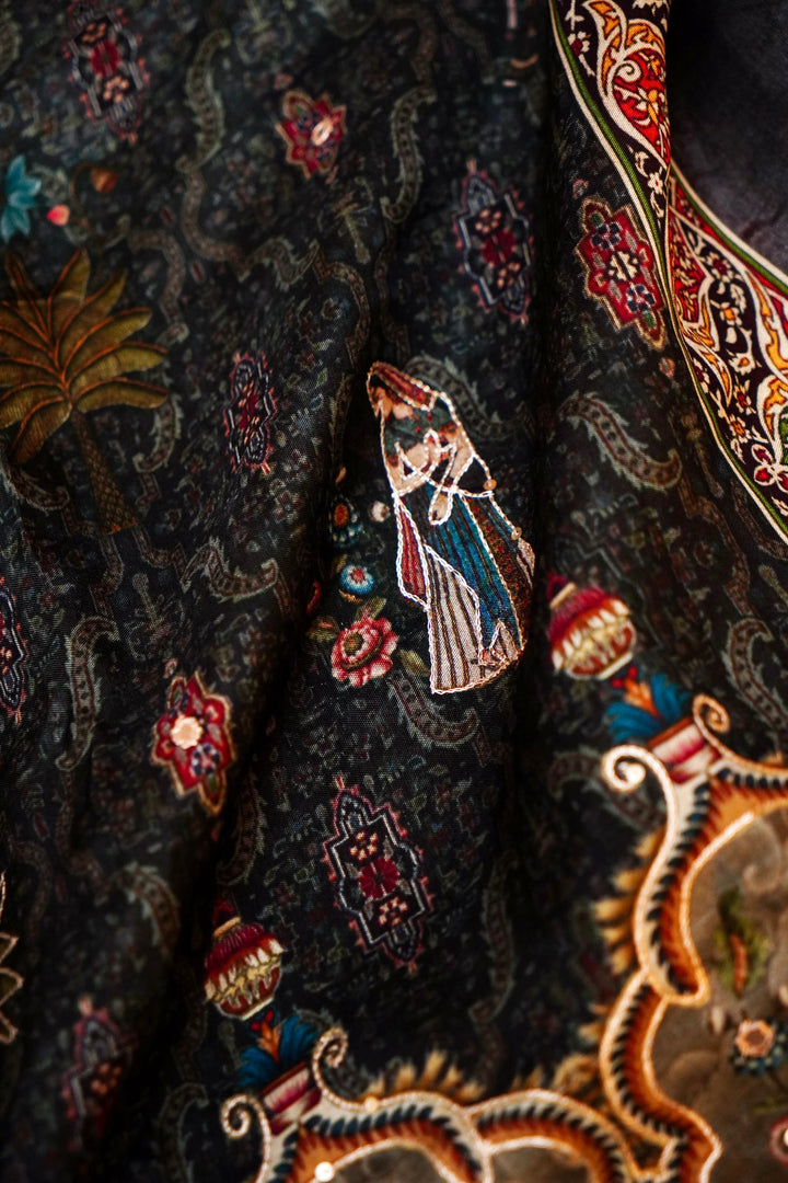 Teal Green Crepe Silk Saree with Statement Figure Motifs