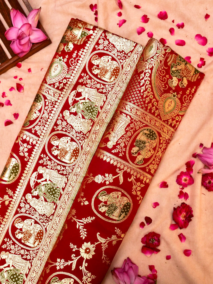 Scarlet Red Banarasi Pure Satin Silk Saree with Heavy Zari Work
