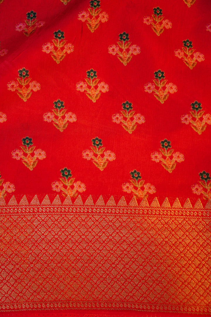 Red Crepe Silk Saree with Multicolor Print, Zari Weave Border and Pallu