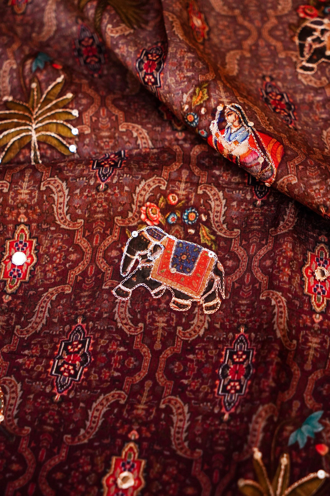 Stylish Coffee Brown Printed Crepe Silk Saree with Abstract Figure Motif – Luxe Ethnic Drape for Women