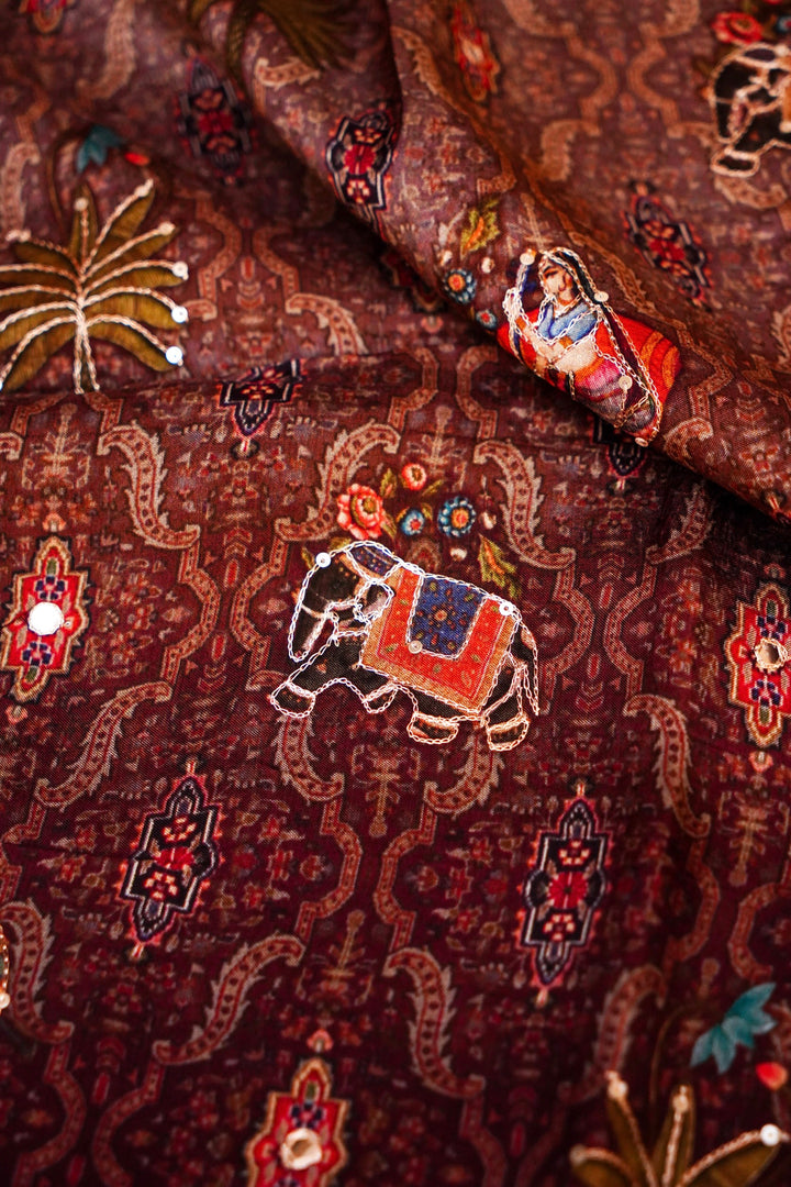 Stylish Coffee Brown Printed Crepe Silk Saree with Abstract Figure Motif – Luxe Ethnic Drape for Women