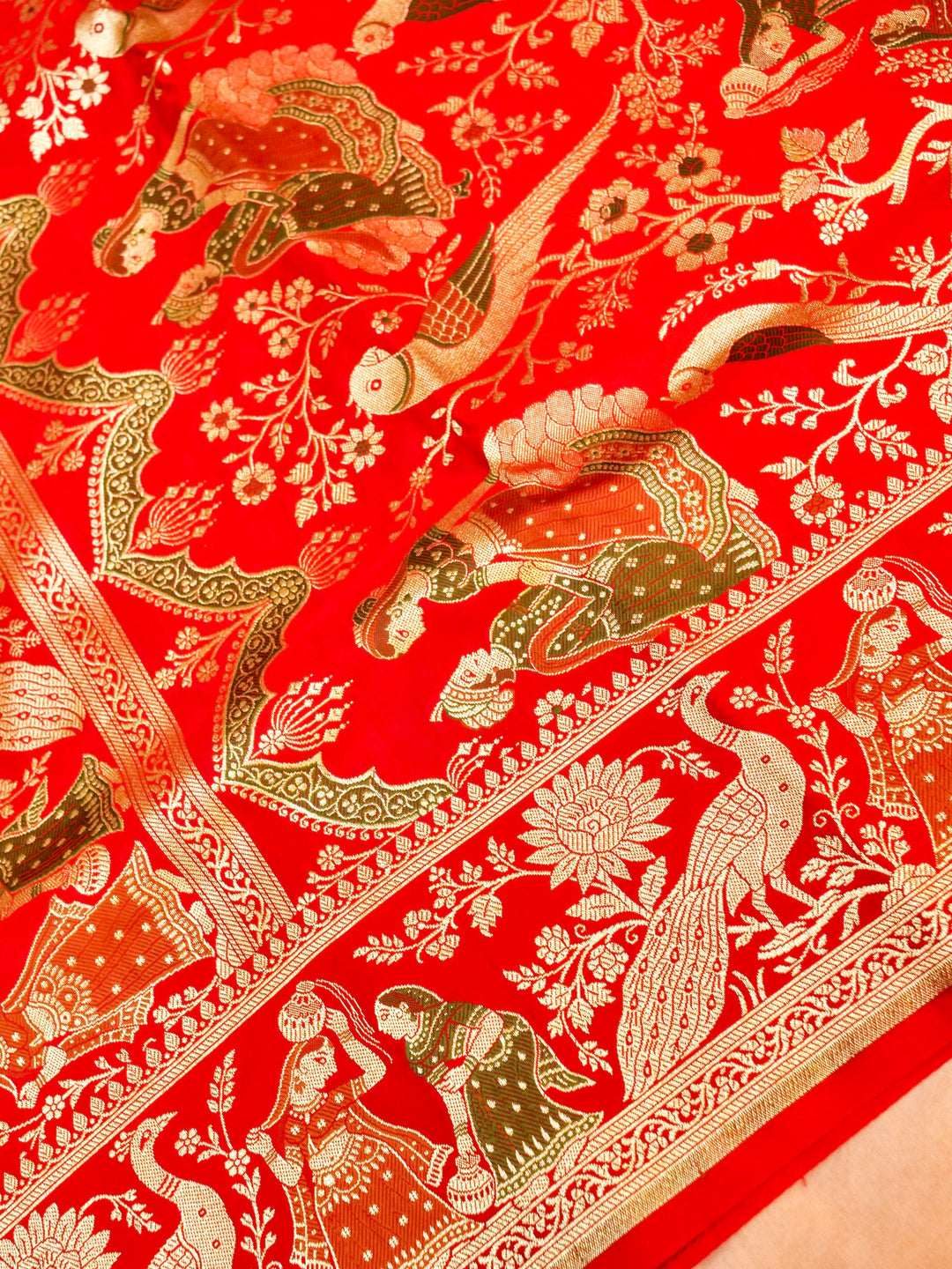 Vermilion Red Banarasi Pure Satin Silk Saree with Heavy Zari Work