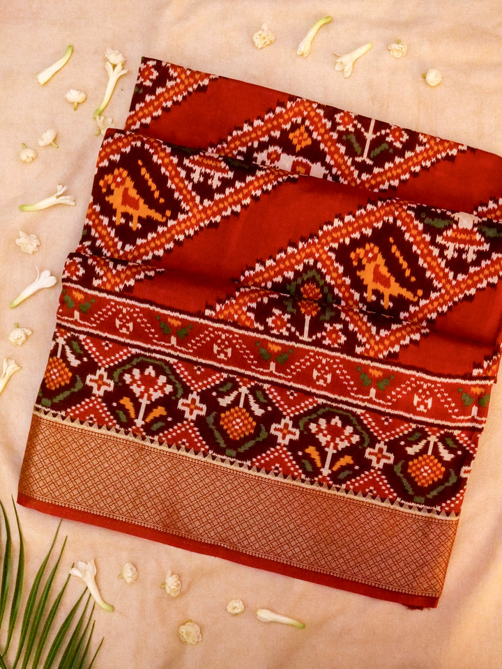 Red Crepe Silk Saree with Multicolor Print, Zari Border & Pallu