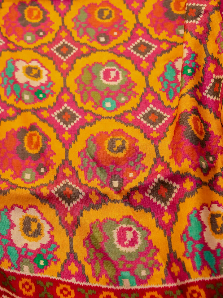 Pink Crepe Silk Saree with Multicolor Printed Design and Zari Border & Pallu