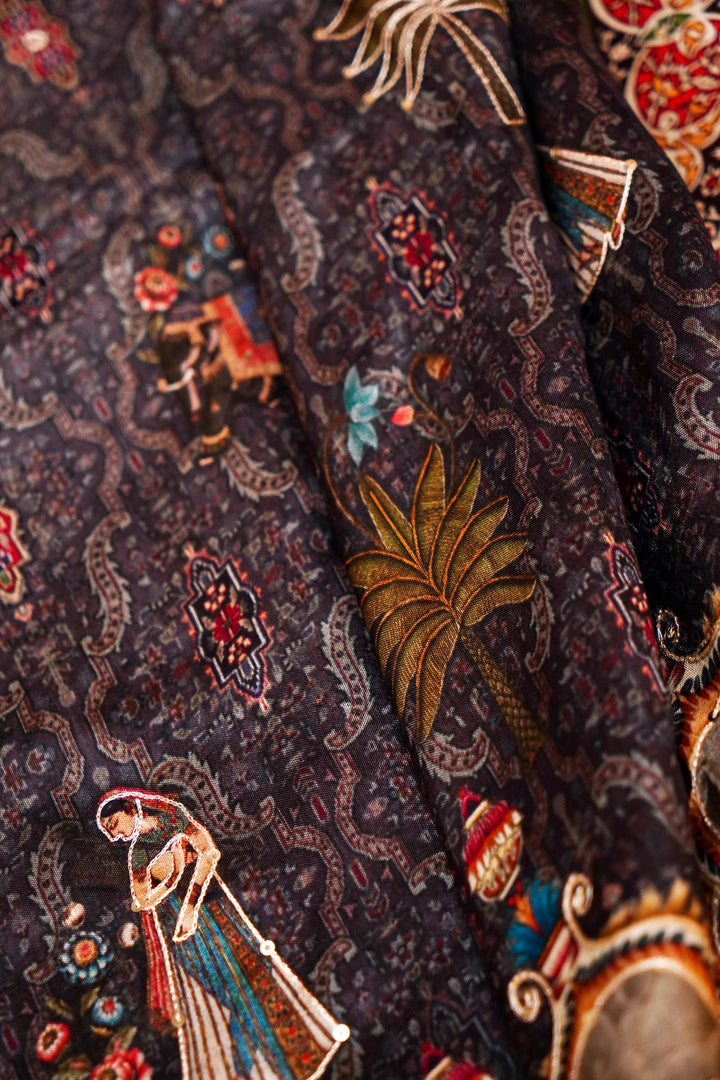 Striking Black Crepe Silk Saree with Handcrafted Style Figure Motifs