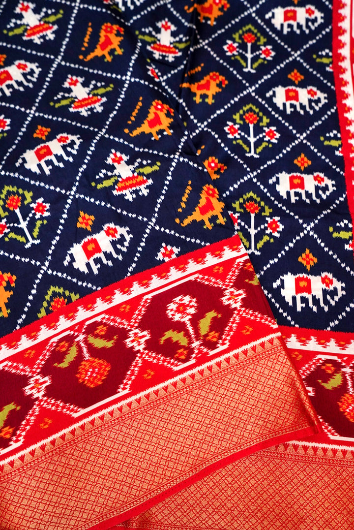 Navy Blue Patola Silk Saree with Zari Weave Contrast Border